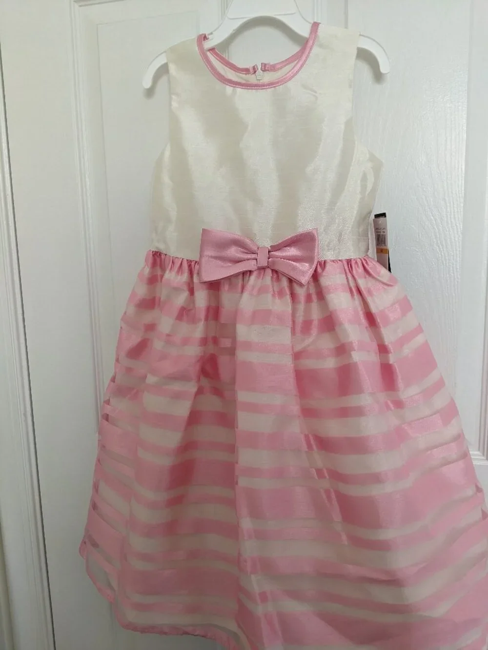 New Jayne Copeland Girls Dress White/Pink Taffeta Stripes Bow Festive SZ 6X
